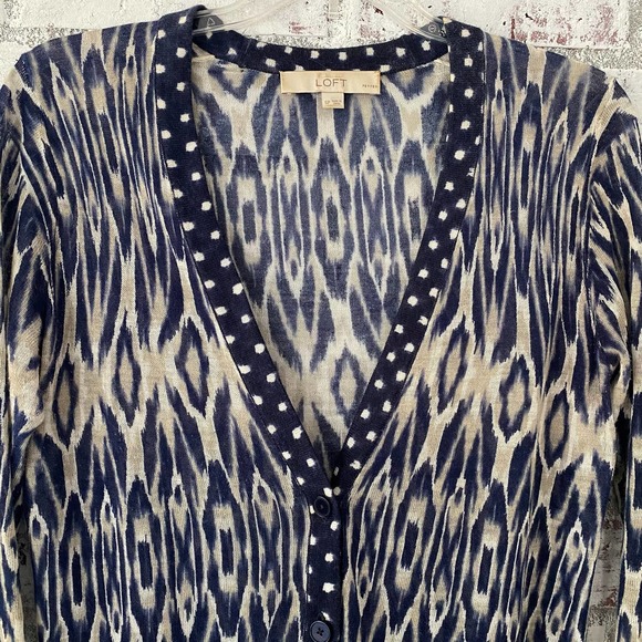 LOFT Cardigan Small Petite Navy Blue Tan - Picture 2 of 2